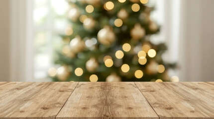 Empty woooden table top with abstract warm living room decor with christmas tree string light blur background with snow, Holiday backdrop, Mock up banner for display of advertise product