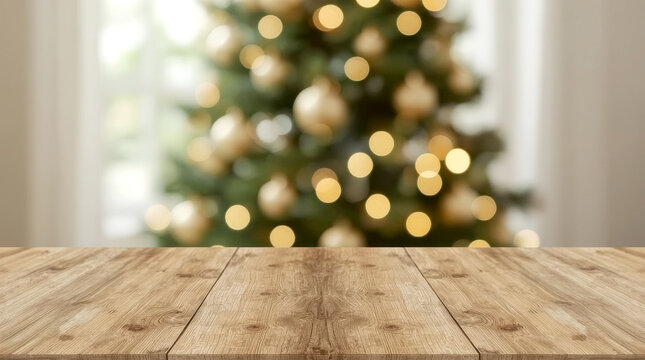 Empty woooden table top with abstract warm living room decor with christmas tree string light blur background with snow, Holiday backdrop, Mock up banner for display of advertise product - Powered by Adobe
