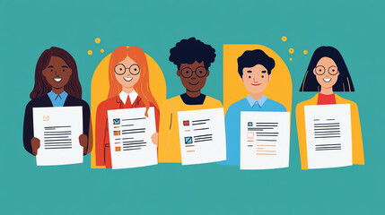 Inclusive hiring illustration with resumes from diverse backgrounds
