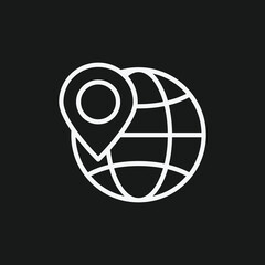 Globe with Location Pin on Black Background, Representing Global Location or International Travel, White Outline Icon