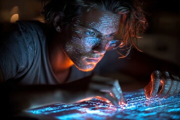 Creative coding in progress by an immersed programmer illuminating ideas against a futuristic backdrop in a dimly lit workspace