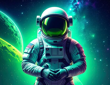 Astronaut Praying Before Green Nebula