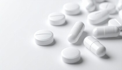 White Pills and Capsules on White Background