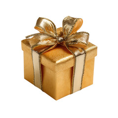 Golden gift box with ribbon isolated on transparent background