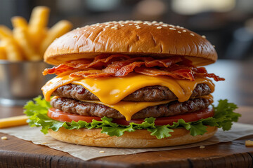 Juicy hamburger with cheese and vegetables served on a plate against a wooden background
