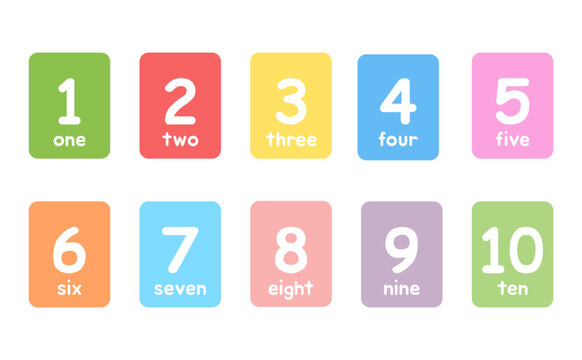 Set of colorful number flashcards from 1 to 10 for kids learning. Each card includes a large number and its corresponding word, designed with rounded fonts and soft pastel backgrounds. 