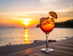 Sunset Aperol Spritz on a beachside table