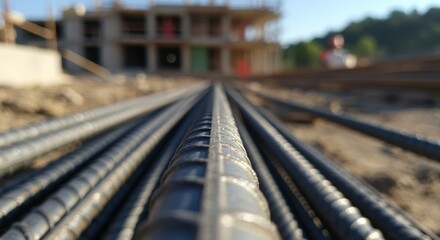 Steel reinforcement bars on construction site with blurred background  