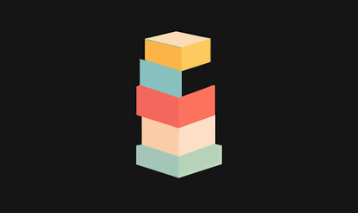 Stacked colorful flat geometric blocks in yellow, blue, red, cream, and mint arranged vertically on dark background minimal vector illustration