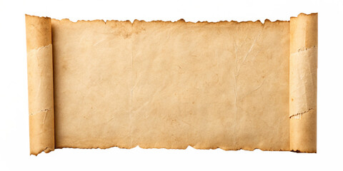 ancient scroll parchment banner with rolled edges and vintage paper texture isolated on white background.