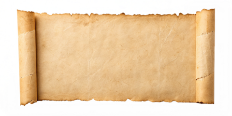 ancient scroll parchment banner with rolled edges and vintage paper texture isolated on white background.