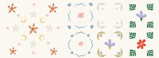 set of minimalist, hand-drawn elements inspired by celestial motifs and botanical forms, featuring crescent moons, various star shapes, delicate flowers, and foliage.