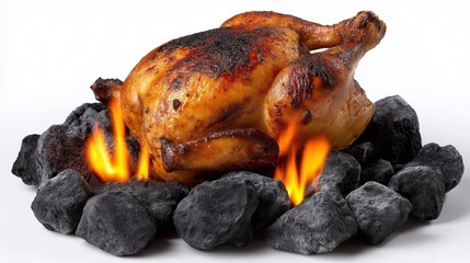 Delicious roasted chicken on charcoal grill with open flames