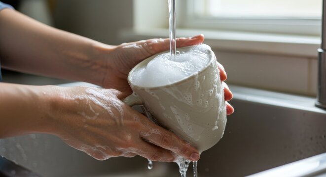 Woman washing a gray mug under running water in the kitchen sink   - Powered by Adobe