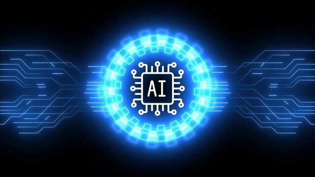 Artificial intelligence neon sign on brick wall, cybernetic brain, AGI and machine learning loop concept symbol.