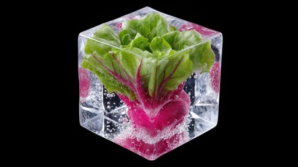 Vibrant red radish with green leaves encased in clear ice cube against black background