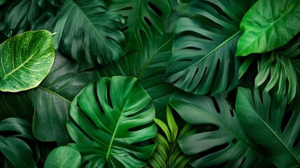 Lush Tropical Leaves Dark Green Monstera and Philodendron Composition, Nature Background, Plant Texture Tropical foliage, green leaves, texture