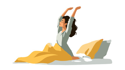 Smiling woman stretching arms in morning sun while sitting in bed with yellow blanket healthy lifestyle