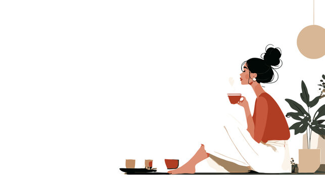 Brunette woman drinking tea sitting on floor in sunlight near houseplants healthy lifestyle