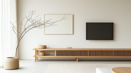Minimalist Living Room Wooden Console, Square TV and Dried Branch Decor, interior design, home decor minimalist interior, Scandinavian design