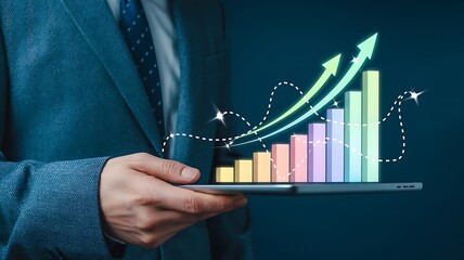 Businessman holding tablet displaying growth chart illustrating business progress and success