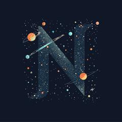 Letter N space alphabet with colorful planets stars and cosmic elements in flat minimalist vector style for science and astronomy design concept