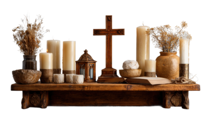 Spiritual decor arrangement home still life warm atmosphere faith and reflection cut out png