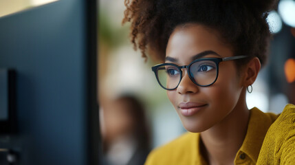 Close-up of Black office worker adjusting their glasses while focused on computer screen in a modern workspace