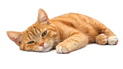 Ginger British Shorthair Cat Relaxing on White Background