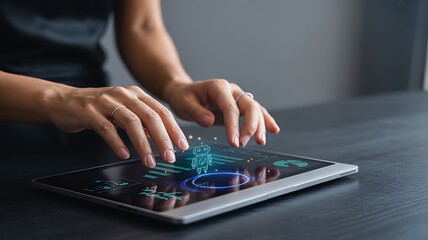 Woman's hands interacting with a tablet displaying modern ai and chatbot technology