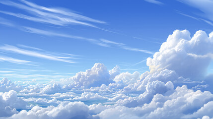 Fluffy cartoon clouds in a clear blue sky