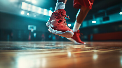 Sneakers making contact with hardwood floor during an intense basketball practice session in a gym