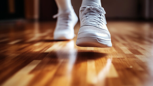 Close-up of sneakers squeaking on polished wooden floor during an intense basketball practice session