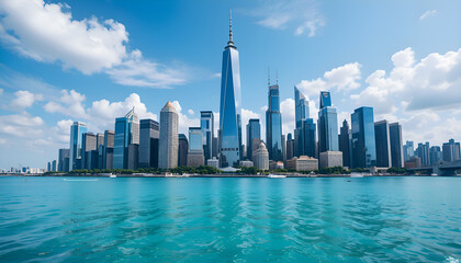 Obraz premium Stunning skyline view of modern cityscape and blue water