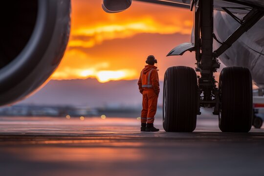 Aircraft maintenance worker standing near the landing gear of a large airplane during sunset. - Powered by Adobe