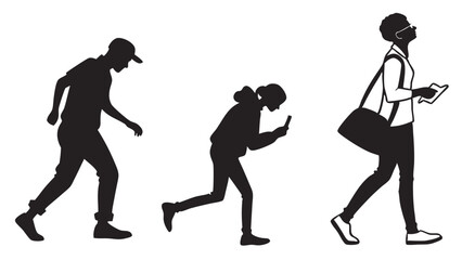 Vector art of silhouettes of people walking and using mobile phones isolated on transparent
