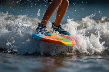Boy executes a colorful surfing maneuver on vibrant waves at a sunny beach during late afternoon hours