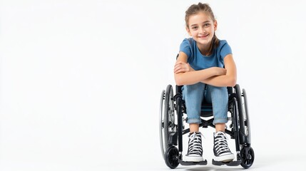 A young girl, 8-10 years old, with a physical disability smiling and sitting in a wheelchair, skinny legs put together, dressed in jeans, a blue t-shirt