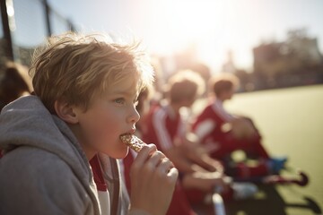 Young boy enjoying a granola bar while resting on the sidelines during a practice session in the afternoon sunlight