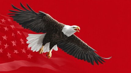 Flat vector art of a American eagle mid-screech with its wings overlapping the stars of the U.S. flag on a bright red background. 