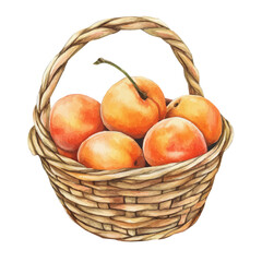 Apricot Fruit Basket, watercolor vector, isolated on a white background.