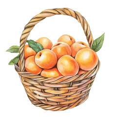 Apricot Fruit Basket, watercolor drawing vector, isolated on a white background.