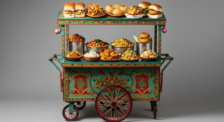 indian food Vibrant Indian Street Food Cart with Delicious Snacks and Vada Pav