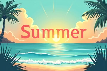 Summer illustration art, lettering as summer in beach background, summer vibes