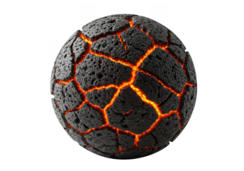A fiery, cracked sphere glows intensely, isolated on transparent background