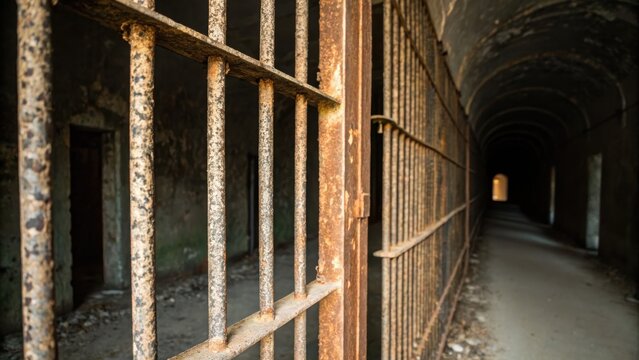 Abandoned prison corridor: rusted barred gate leading to dark passageway - Powered by Adobe