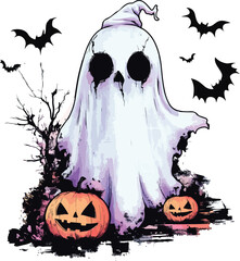 halloween ghost with pumpkin and bats