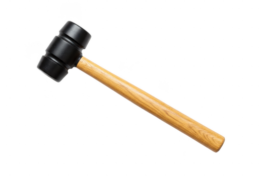 A black rubber mallet with a light brown wooden handle, isolated on transparent background
