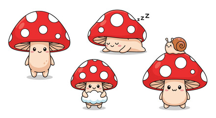 Adorable Mushroom Characters Exploring Fun and Nature in a Whimsical Forest Landscape