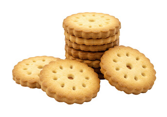 A stack of goldenbrown biscuits, isolated on transparent background, sits beside two more, ready for a delightful snack